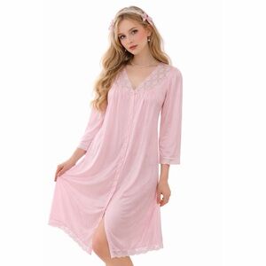 Vanity Fair x Vintage 70s Pink Lace Nylon Tricot Nightgown Button Front Coquette